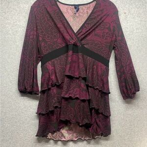 Ashley Judd Burgundy and Black Ruffled Blouse